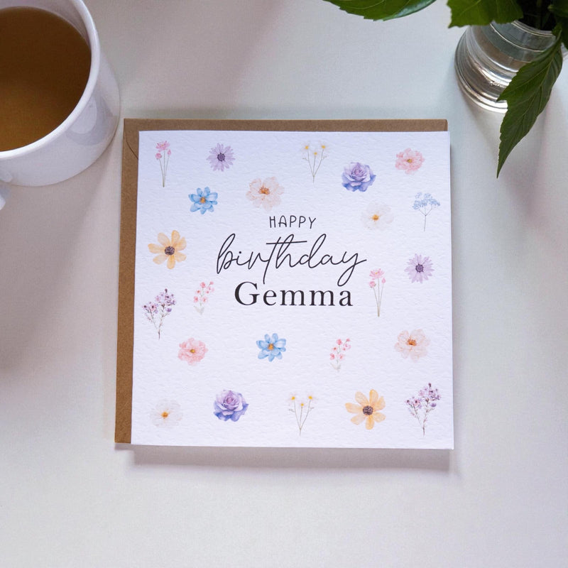 Personalised Birthday Card | Custom Name Floral Design | Handmade 6x6 Greeting Card