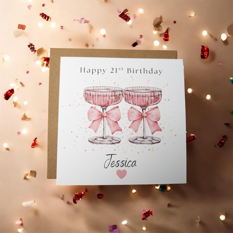 Personalised Pink Champagne Birthday Card – Celebration Greetings (6x6 Card)