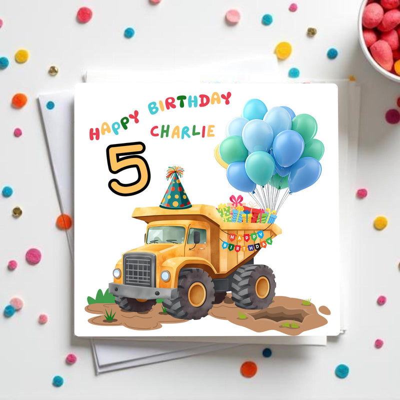 Personalised Construction Truck Birthday Card for Kids – 6x6 Square with White Envelope