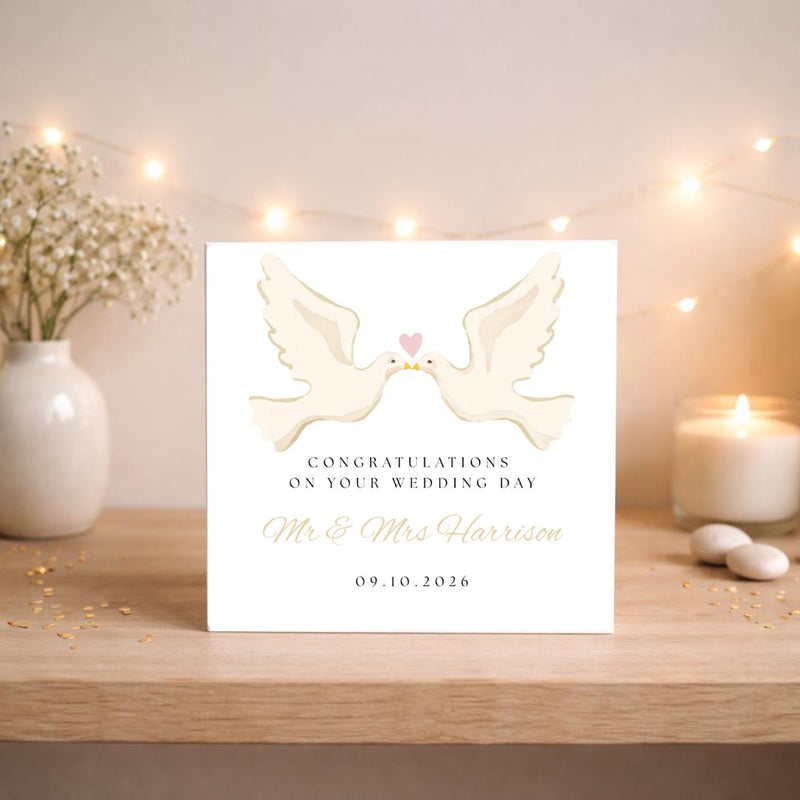 Personalised Wedding Congratulations Card – 6x6 Inch Elegant | Dove Design | Handmade Style | Keepsake Card