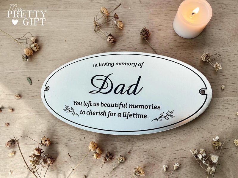Memorial plaque for indoor or outdoor use, available in silver or gold finishes with multiple size options. Custom engraved with any name, dates, or personal message. Ideal as a bench memorial plaque, grave marker, garden tribute, or lasting remembrance gift.