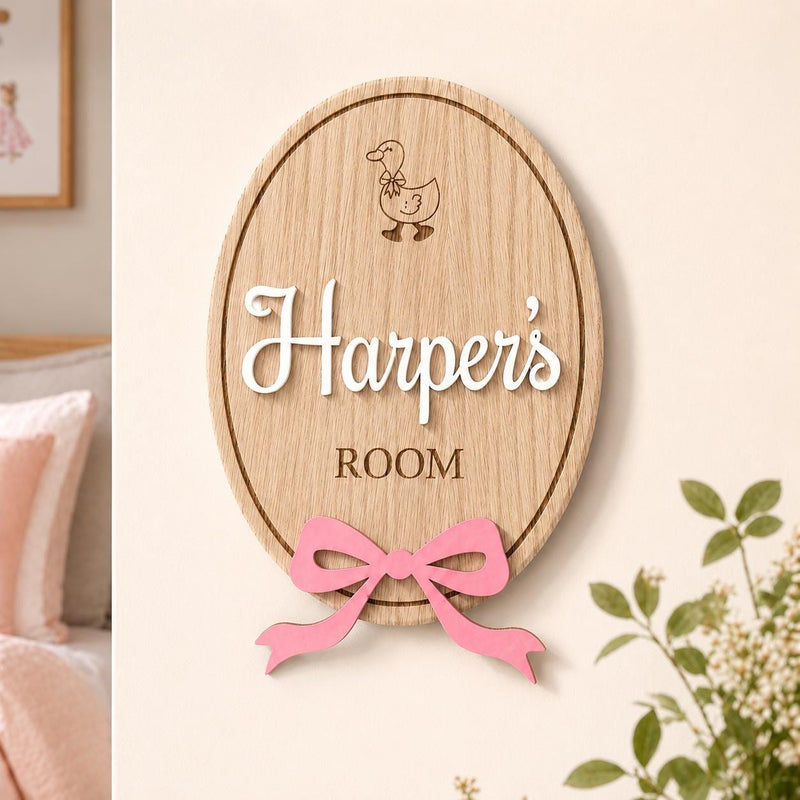 Personalised Oak Veneer Name Sign | Acrylic Letters, Bow | Nursery Door Plaque
