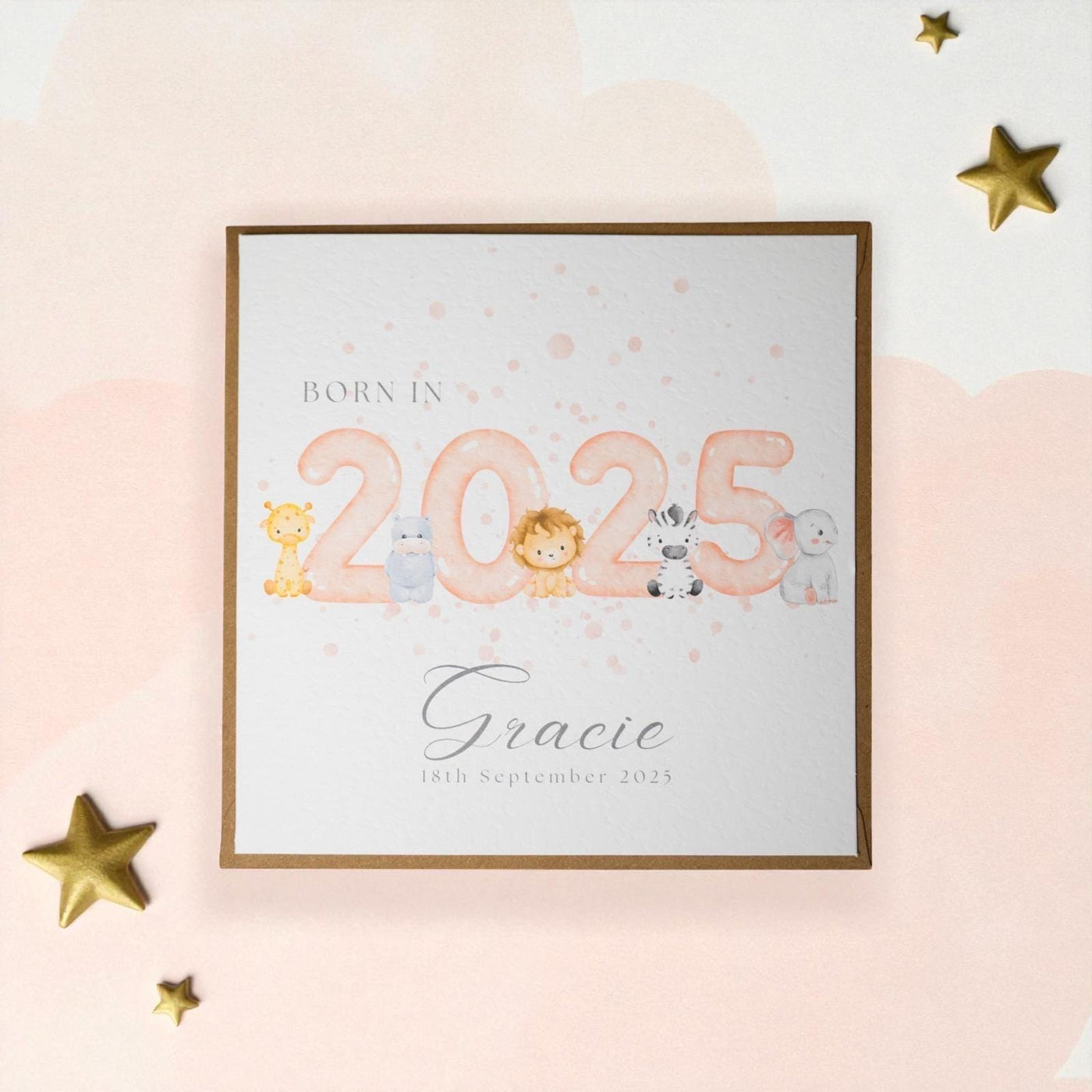 Personalised Safari Animal New Baby Card – Born in 2026 Keepsake