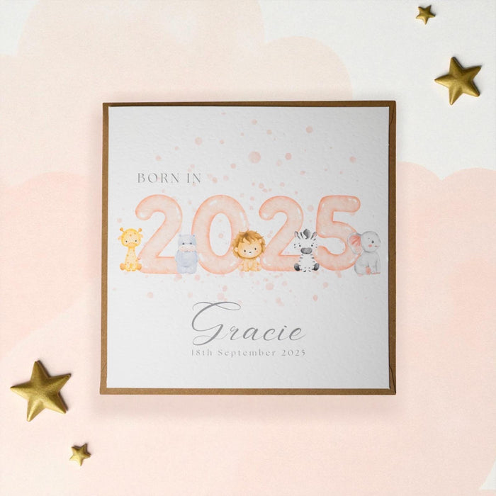 Personalised Safari Animal New Baby Card – Born in 2026 Keepsake
