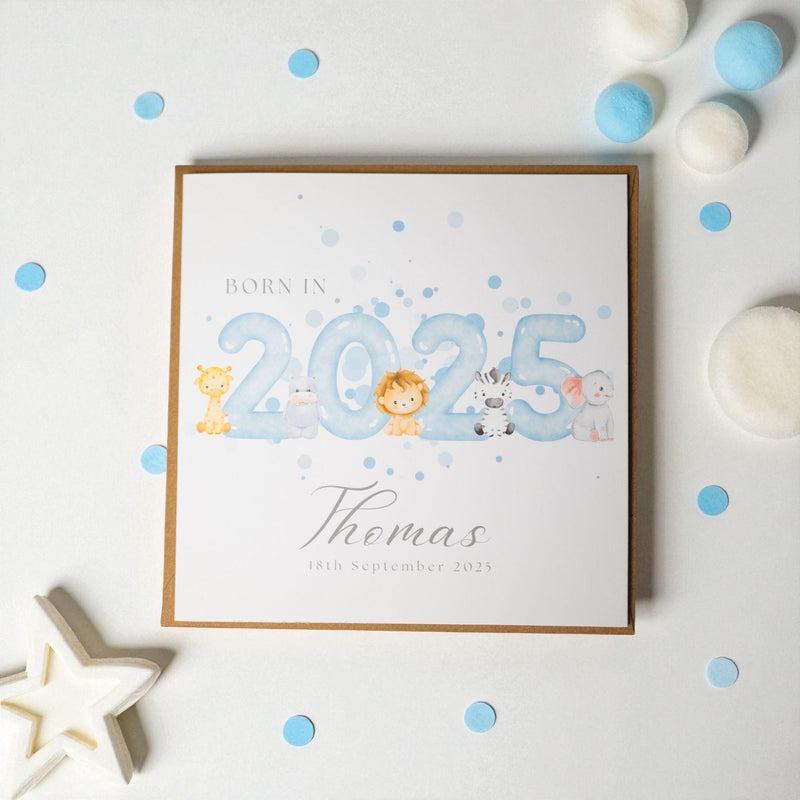 Personalised 2026 Baby Card – Safari Animal Keepsake (6x6 with Kraft Envelope)