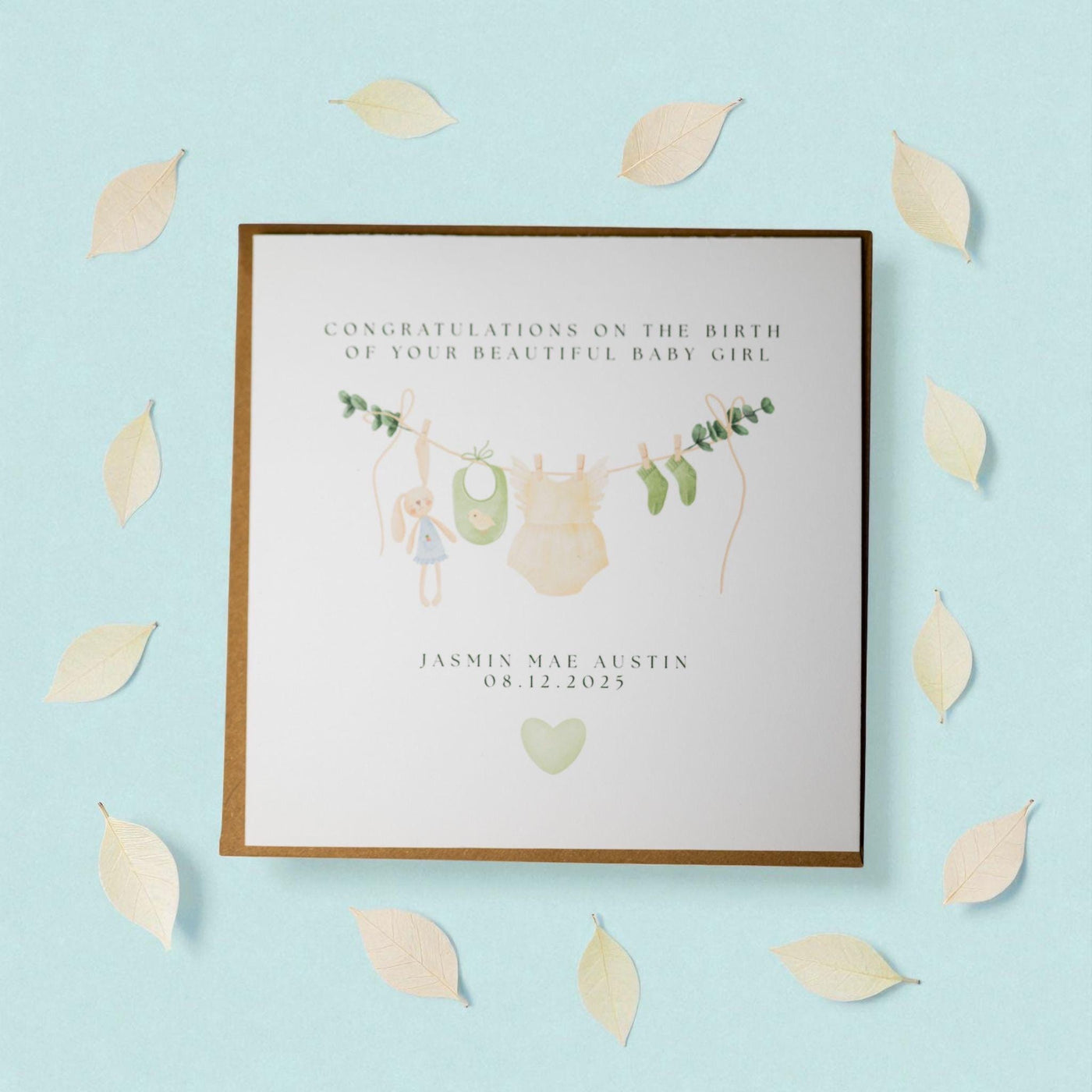 Baby Girl Congratulations Card – Clothesline Design, Keepsake Gift