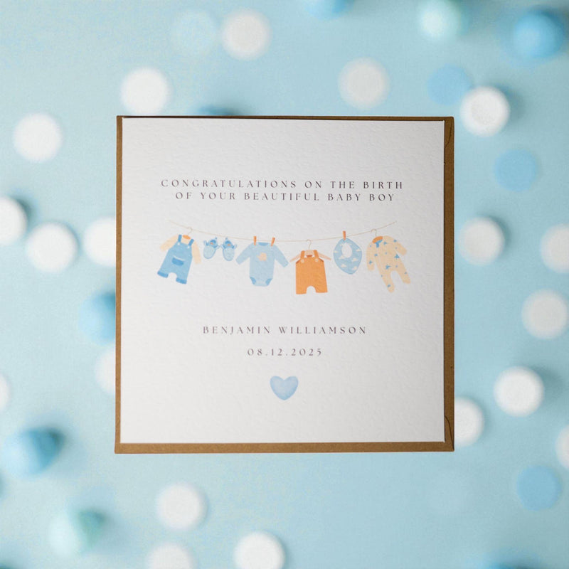Baby Boy Congratulations Card – Clothesline Design, Keepsake Gift