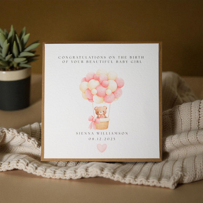 Baby Girl Card – Hot Air Balloon Teddy, New Arrival Keepsake