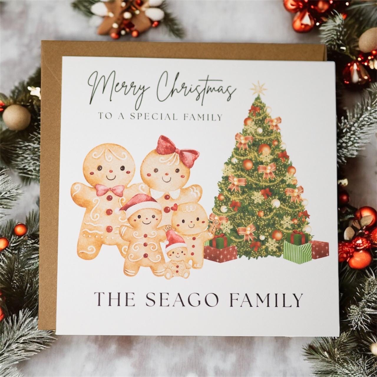 Personalised Gingerbread Family Christmas Card – 6x6” with Kraft Envelope