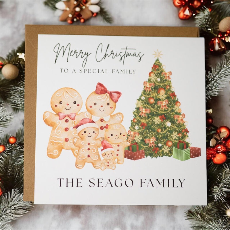 Personalised Gingerbread Family Christmas Card – 6x6” with Kraft Envelope