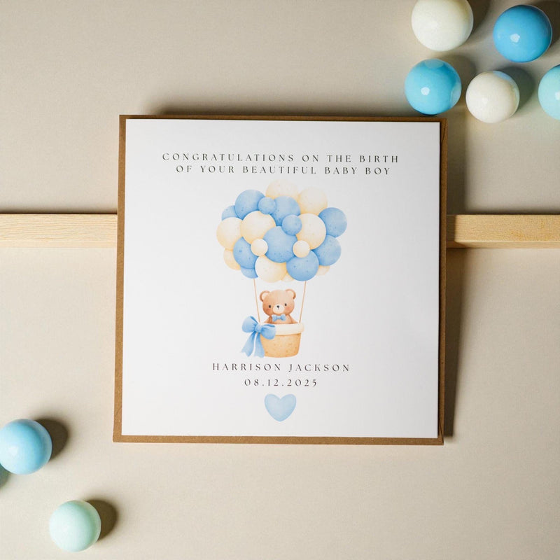 Baby Boy Card – Hot Air Balloon Teddy Bear, New Arrival