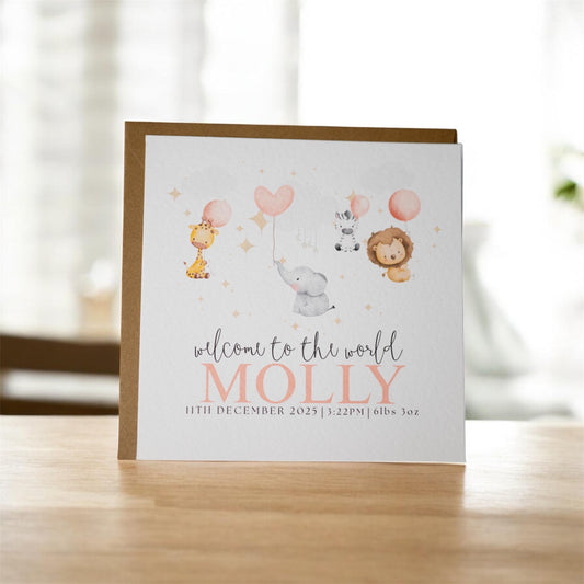 Safari Animal New Baby Card – Watercolor Newborn Greeting (6x6")