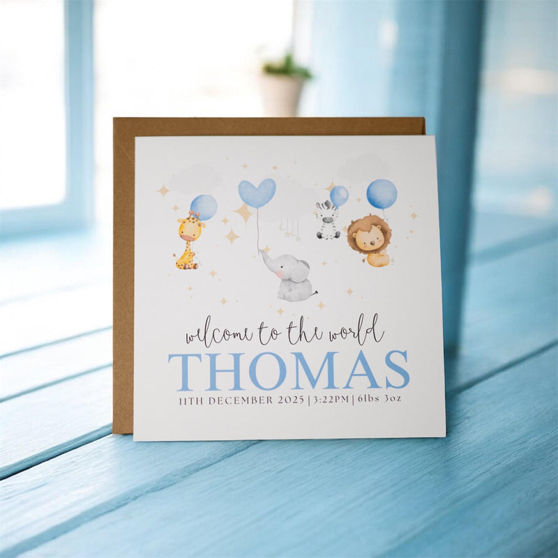 Safari Animals Baby Boy Card – Watercolor Newborn Greeting (6x6")