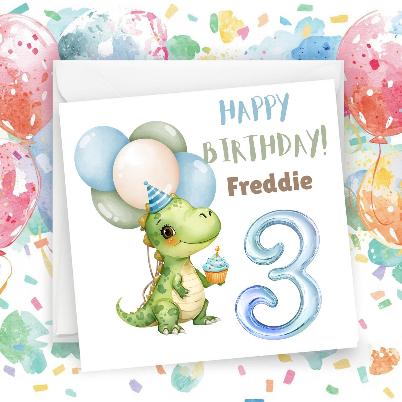 Personalised Dinosaur Birthday Card for Kids – 6x6 Square with White Envelope