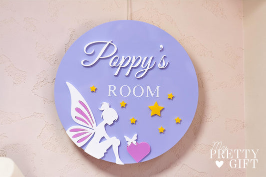 Personalised acrylic kids name plaque for bedrooms or nursery rooms, customised with your child’s name. Available in multiple colour options and ideal as wall decor for nurseries, playrooms, or kids bedrooms. Makes a thoughtful gift for birthdays, baby showers, or new baby presents. fairy inspired theme