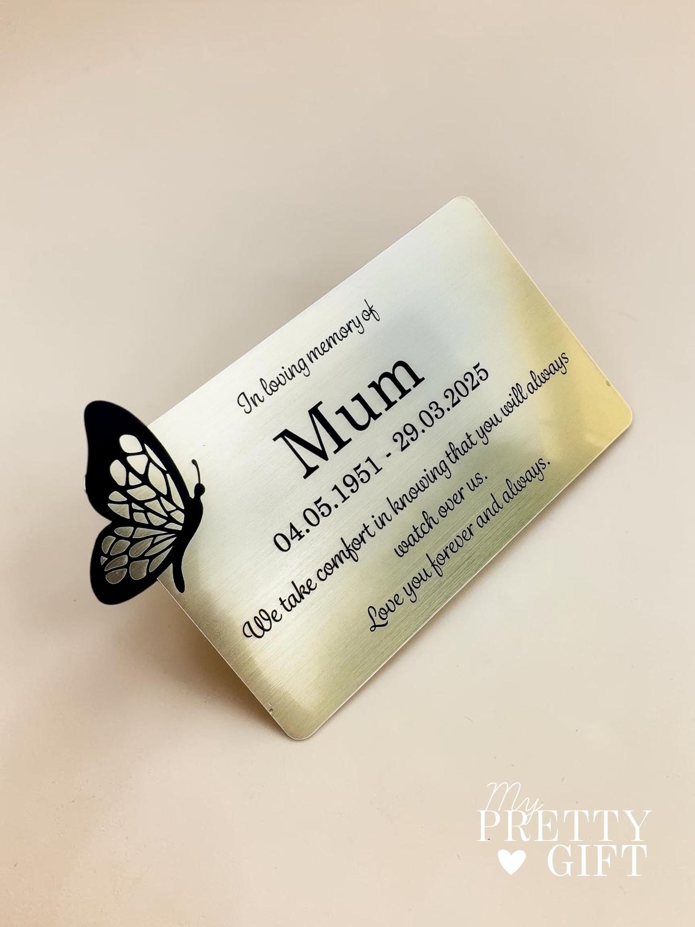 Memorial plaque for indoor or outdoor use, available in silver or gold finishes with multiple size options. Custom engraved with any name, dates, or personal message. Ideal as a bench memorial plaque, grave marker, garden tribute, or lasting remembrance gift.