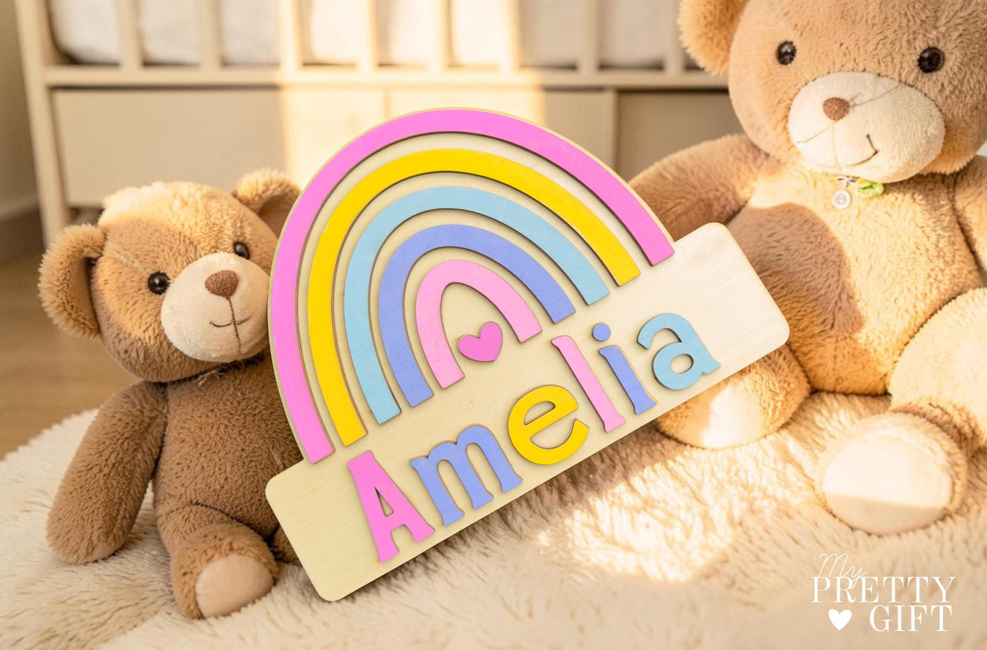 Personalised wooden name plaque for kids bedrooms or nursery rooms, featuring a lovely rainbow  theme. Customised with your child’s name, with the name  Available in different colour options and ideal as a baby shower, birthday, or nursery gift.