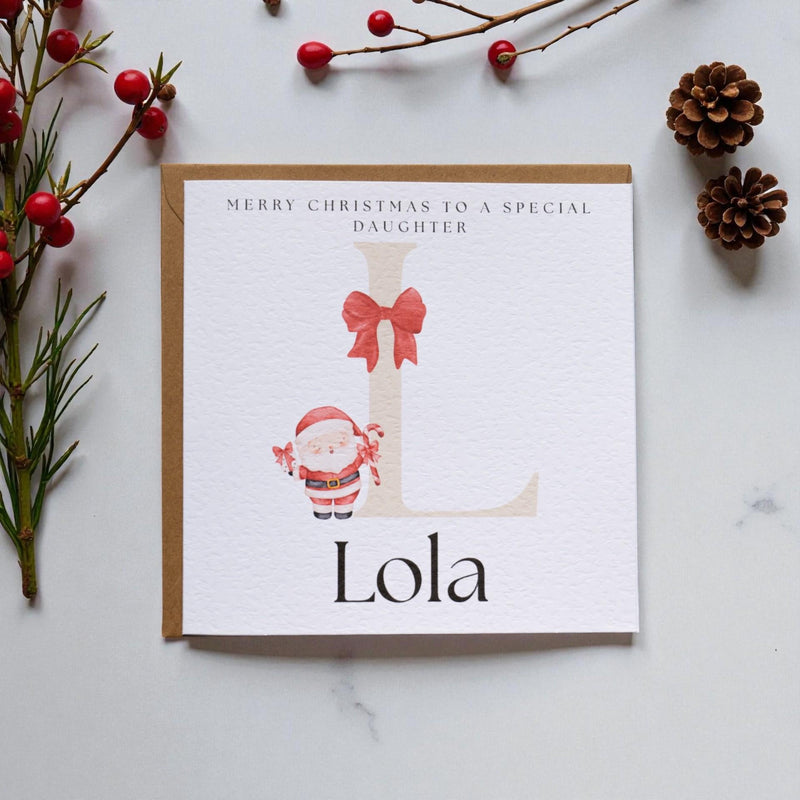 Personalised Initial Christmas Card, Santa Design, Son or Daughter, Kraft Envelope (6x6 inches)