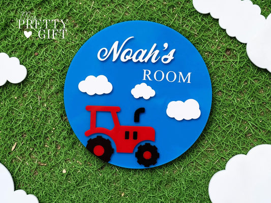 Personalised acrylic kids name plaque for bedrooms or nursery rooms, customised with your child’s name. Available in multiple colour options and ideal as wall decor for nurseries, playrooms, or kids bedrooms. Makes a thoughtful gift for birthdays, baby showers, or new baby presents. tractor | farm inspired