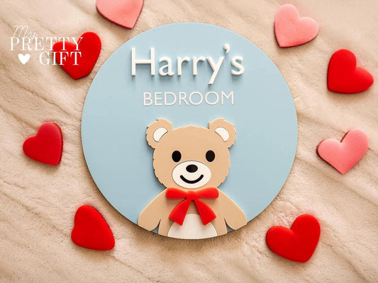 Personalised acrylic kids name plaque for bedrooms or nursery rooms, customised with your child’s name. Available in multiple colour options and ideal as wall decor for nurseries, playrooms, or kids bedrooms. Makes a thoughtful gift for birthdays, baby showers, or new baby presents. Teddy bear Inspired