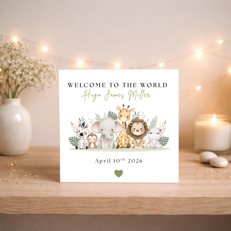 Personalised Safari Animals Baby Card: Welcome to the World Birth Announcement Keepsake