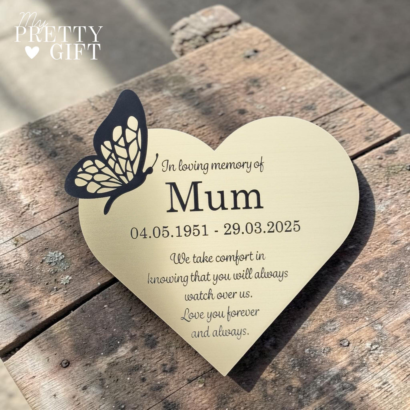 Memorial plaque for indoor or outdoor use, available in silver or gold finishes with multiple size options. Custom engraved with any name, dates, or personal message. Ideal as a bench memorial plaque, grave marker, garden tribute, or lasting remembrance gift.