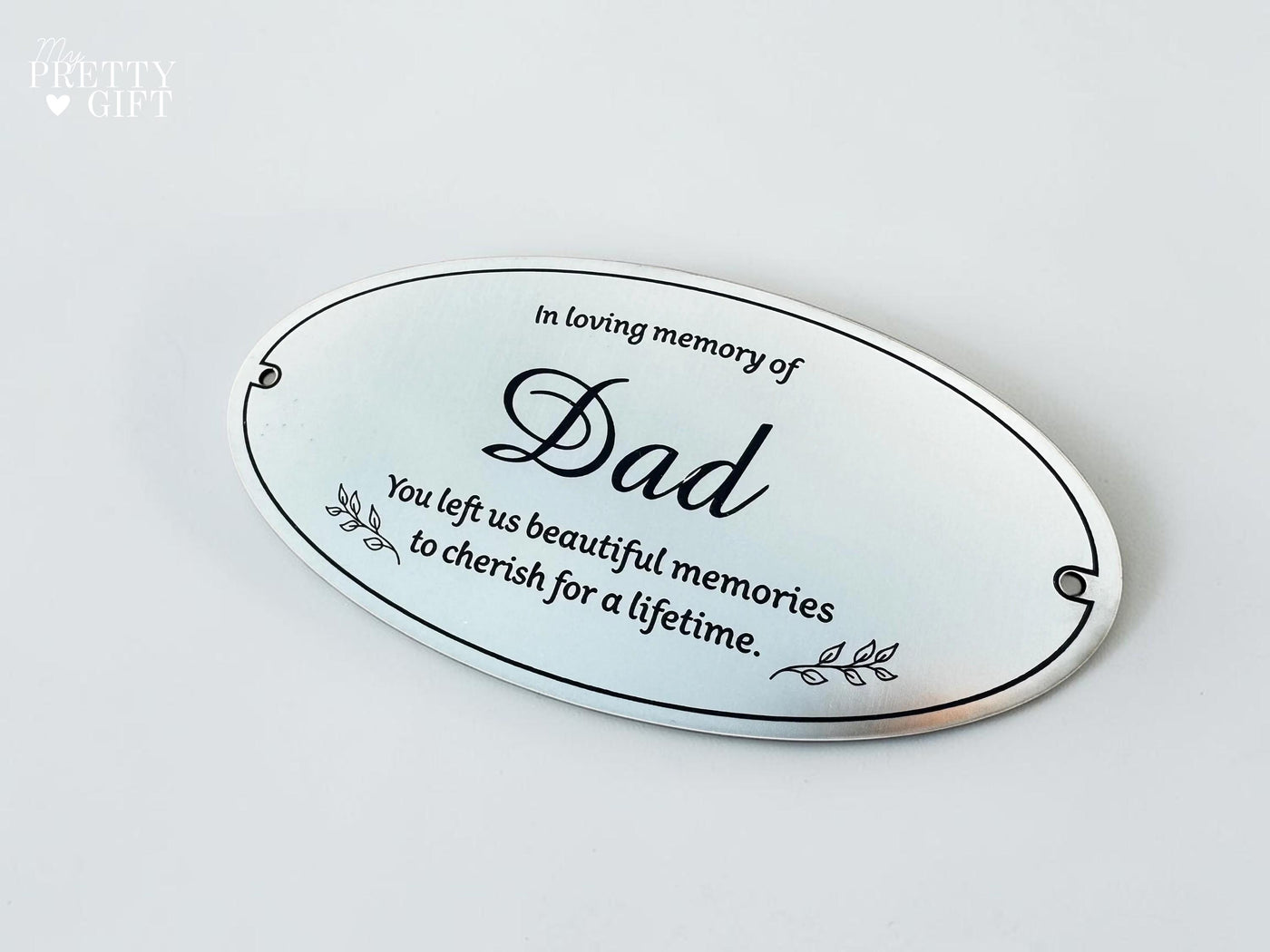 Memorial plaque for indoor or outdoor use, available in silver or gold finishes with multiple size options. Custom engraved with any name, dates, or personal message. Ideal as a bench memorial plaque, grave marker, garden tribute, or lasting remembrance gift.