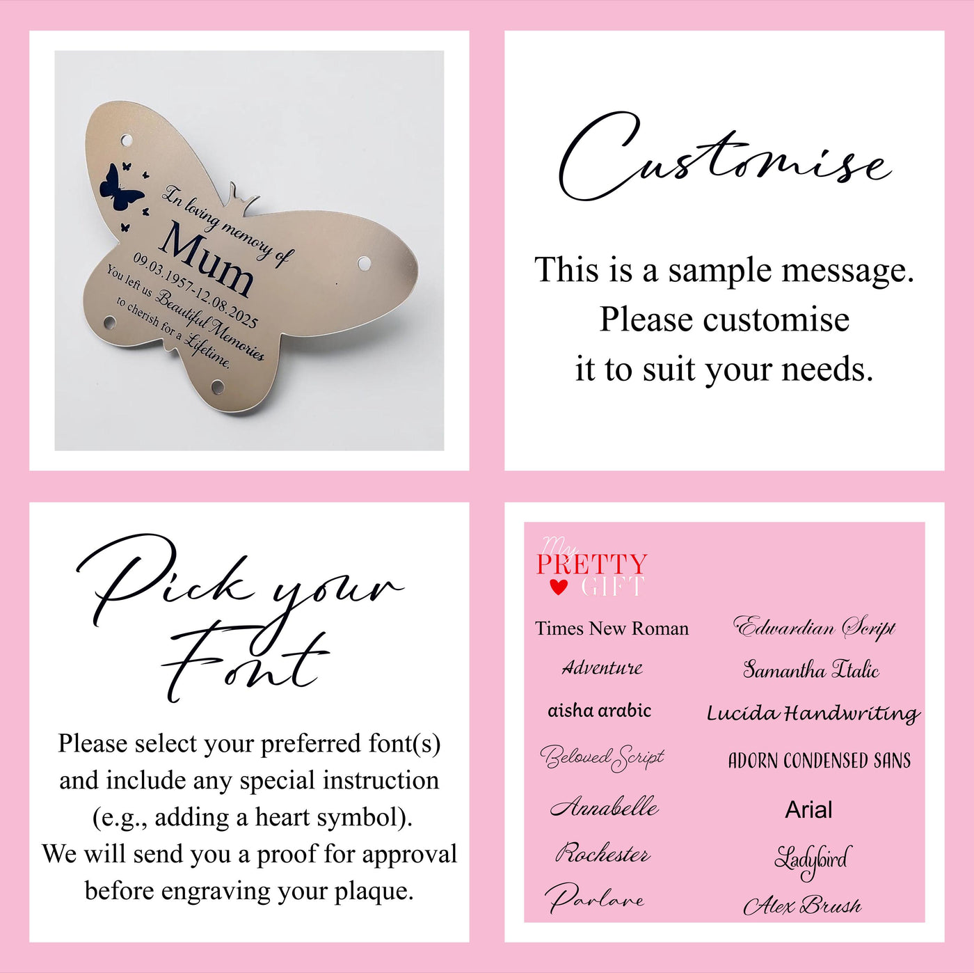 Memorial plaque for indoor or outdoor use, available in silver or gold finishes with multiple size options. Custom engraved with any name, dates, or personal message. Ideal as a bench memorial plaque, grave marker, garden tribute, or lasting remembrance gift.