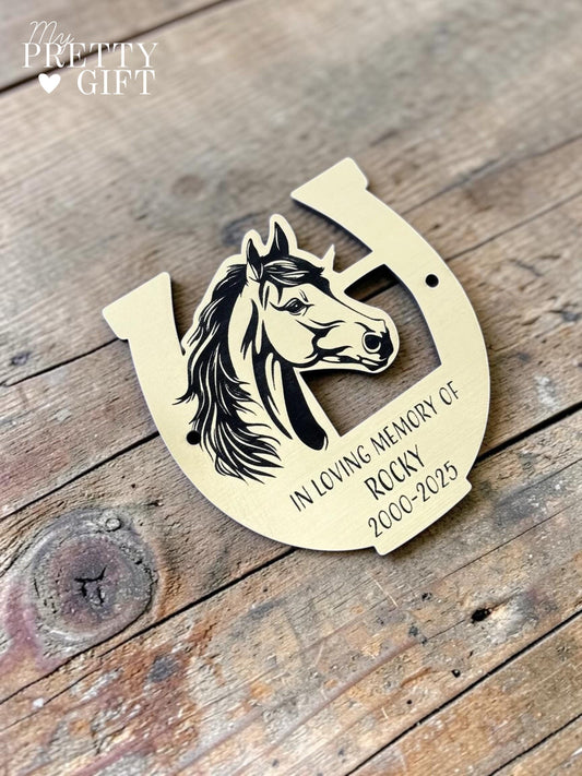 Memorial plaque for indoor or outdoor use, available in silver or gold finishes with multiple size options. Custom engraved with any name, dates, or personal message. Ideal as a bench memorial plaque, grave marker, garden tribute, or lasting remembrance gift. Horse Memorial