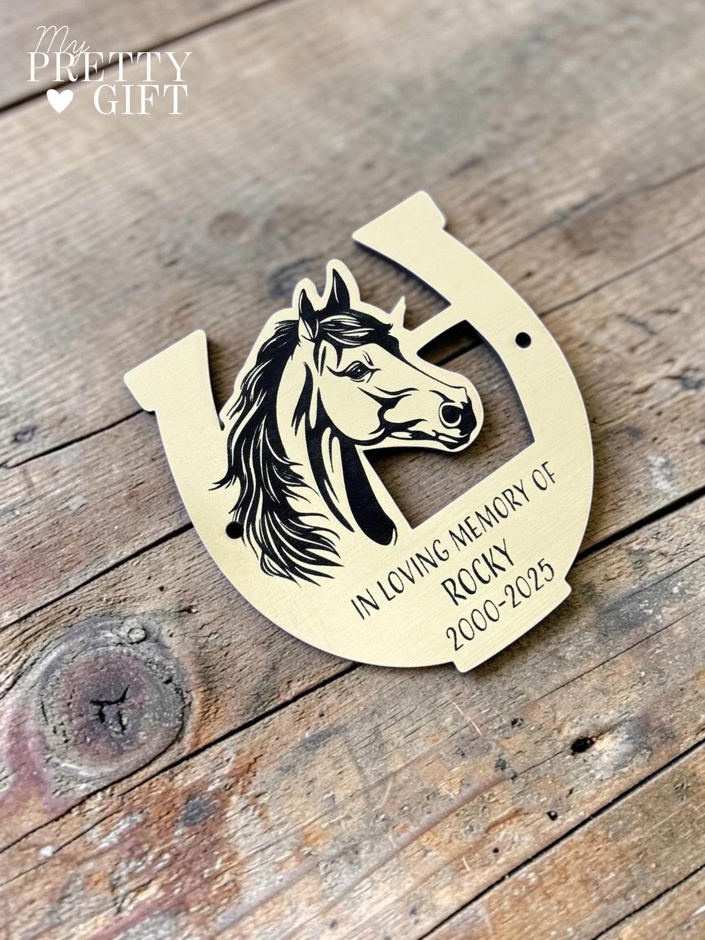 Memorial plaque for indoor or outdoor use, available in silver or gold finishes with multiple size options. Custom engraved with any name, dates, or personal message. Ideal as a bench memorial plaque, grave marker, garden tribute, or lasting remembrance gift. Horse Memorial