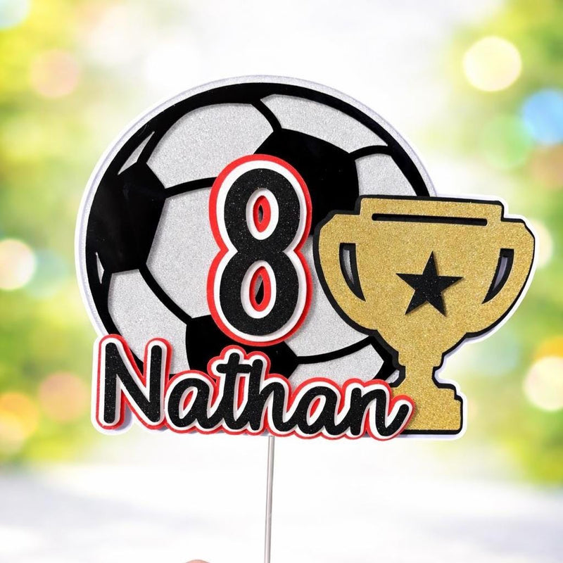 Personalised Football Birthday Cake Topper, Soccer Trophy Name Age Decoration