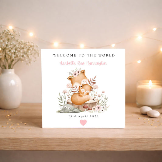 Personalised Woodland Fox Baby Card: Welcome New Baby Keepsake (6 x 6 inches)