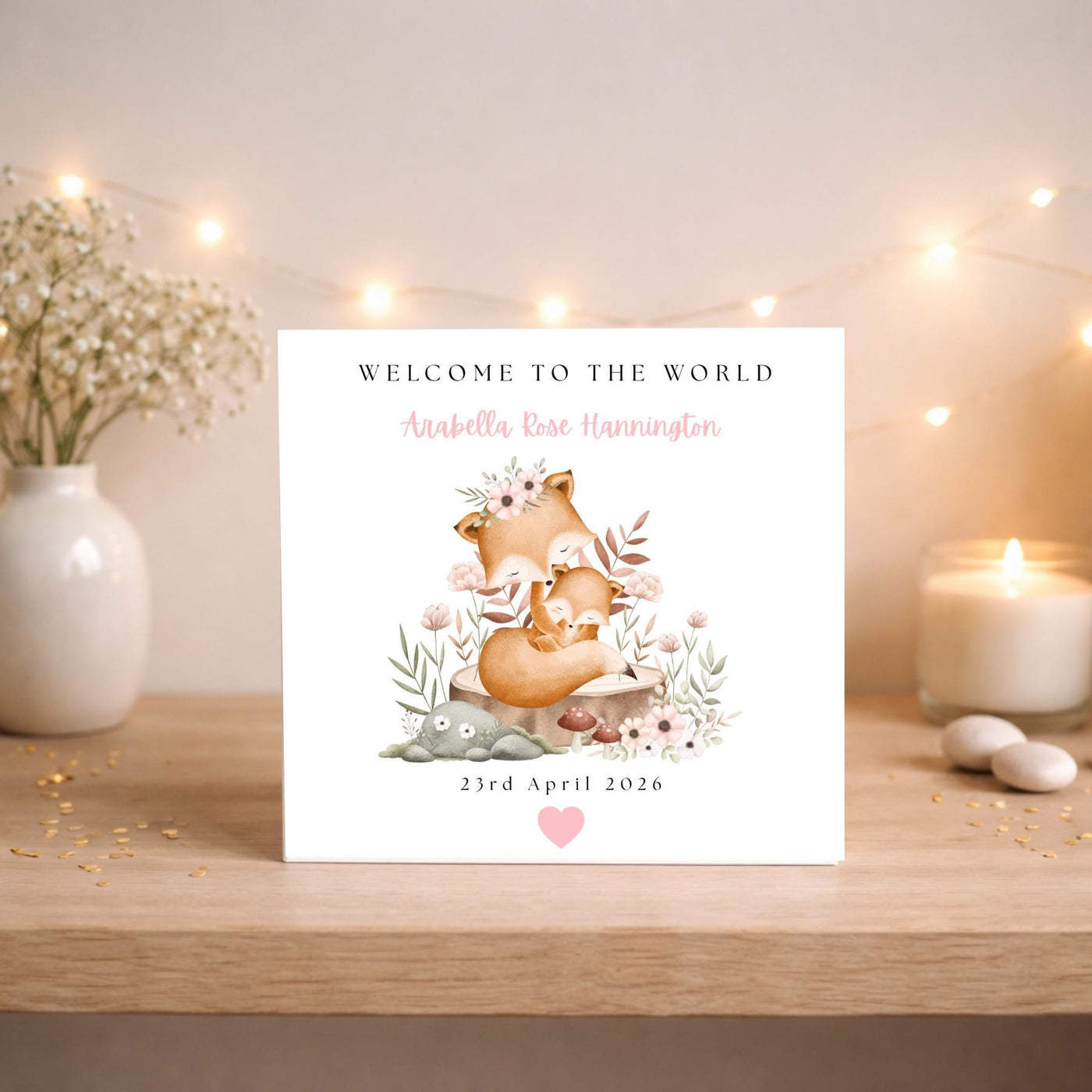 Personalised Woodland Fox Baby Card: Welcome New Baby Keepsake (6 x 6 inches)