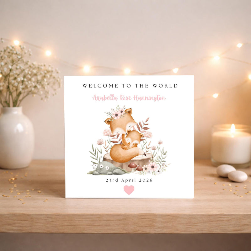 Personalised Woodland Fox Baby Card: Welcome New Baby Keepsake (6 x 6 inches)