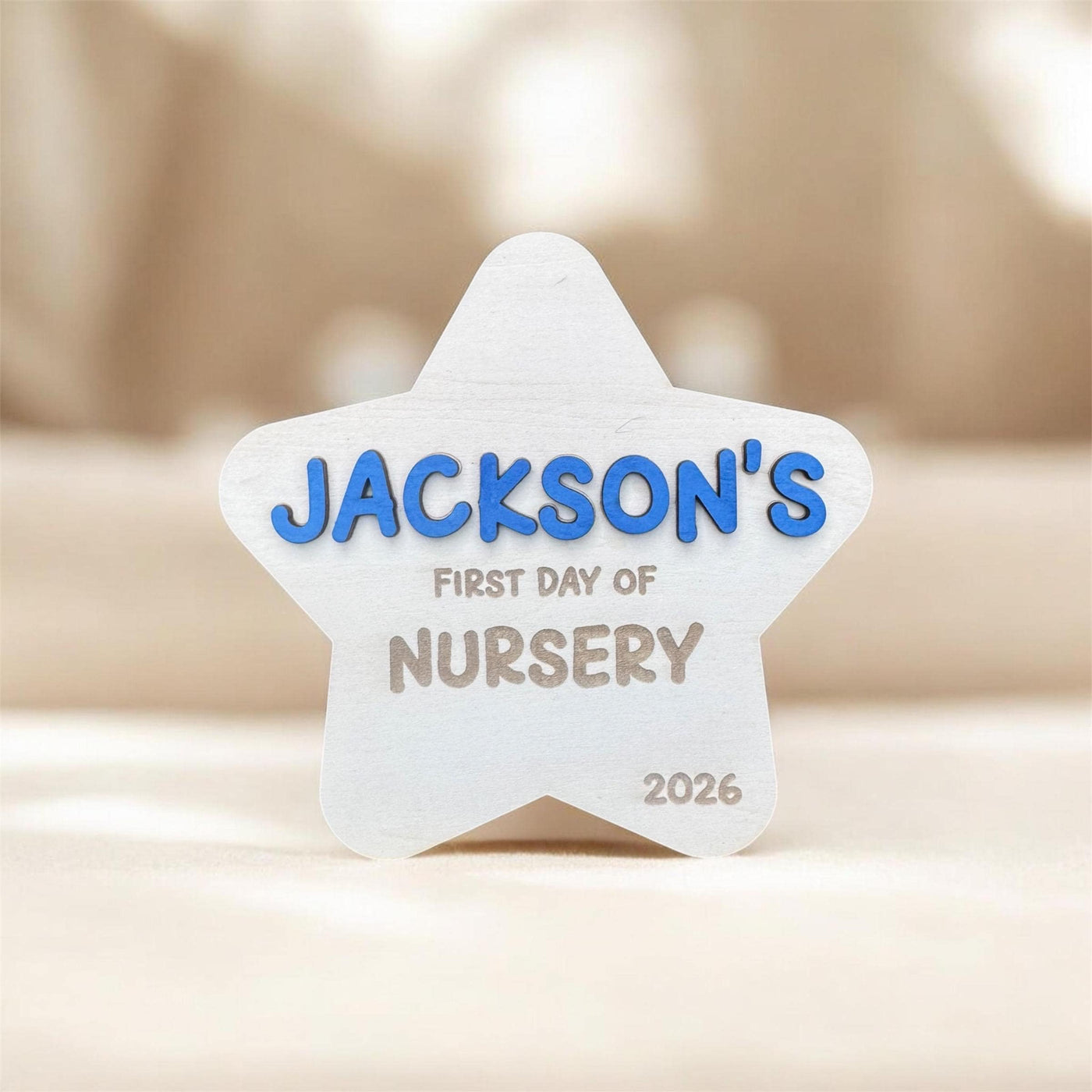 Personalised Pink or Blue Wooden Star First Day of Nursery Sign Photo Prop, Milestone Board