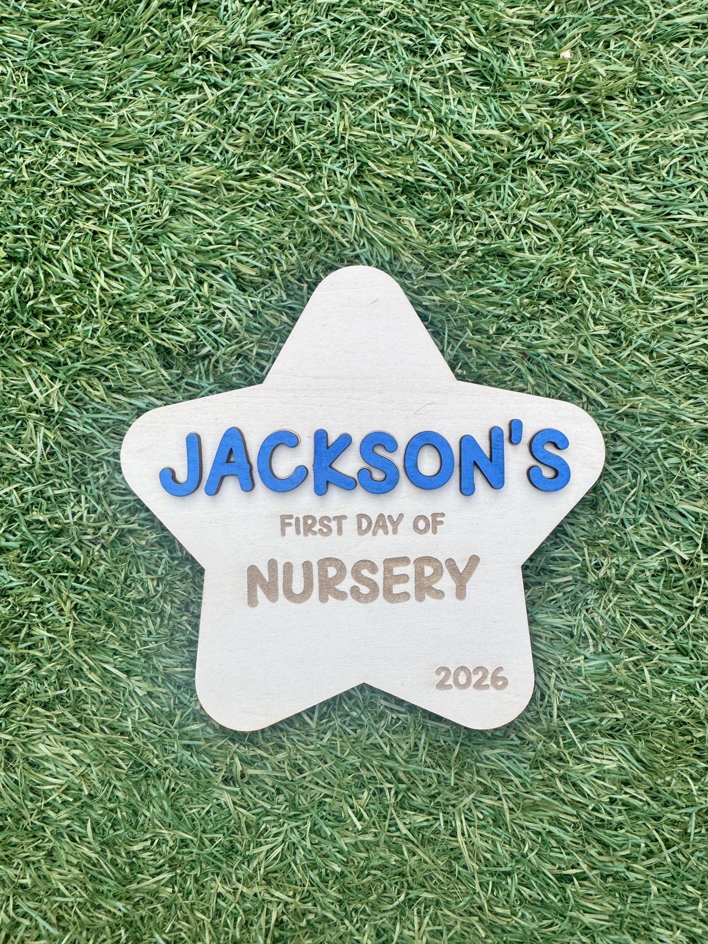 Personalised Pink or Blue Wooden Star First Day of Nursery Sign Photo Prop, Milestone Board
