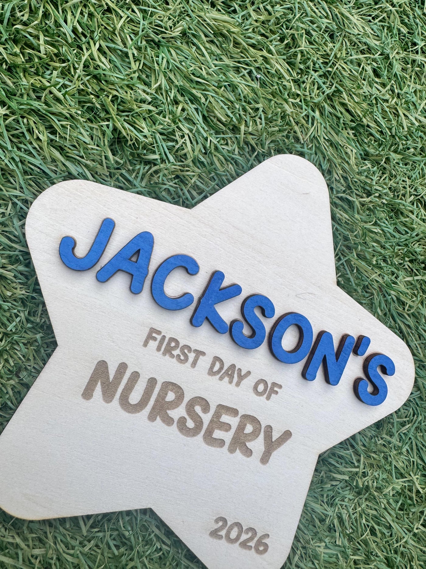 Personalised Pink or Blue Wooden Star First Day of Nursery Sign Photo Prop, Milestone Board