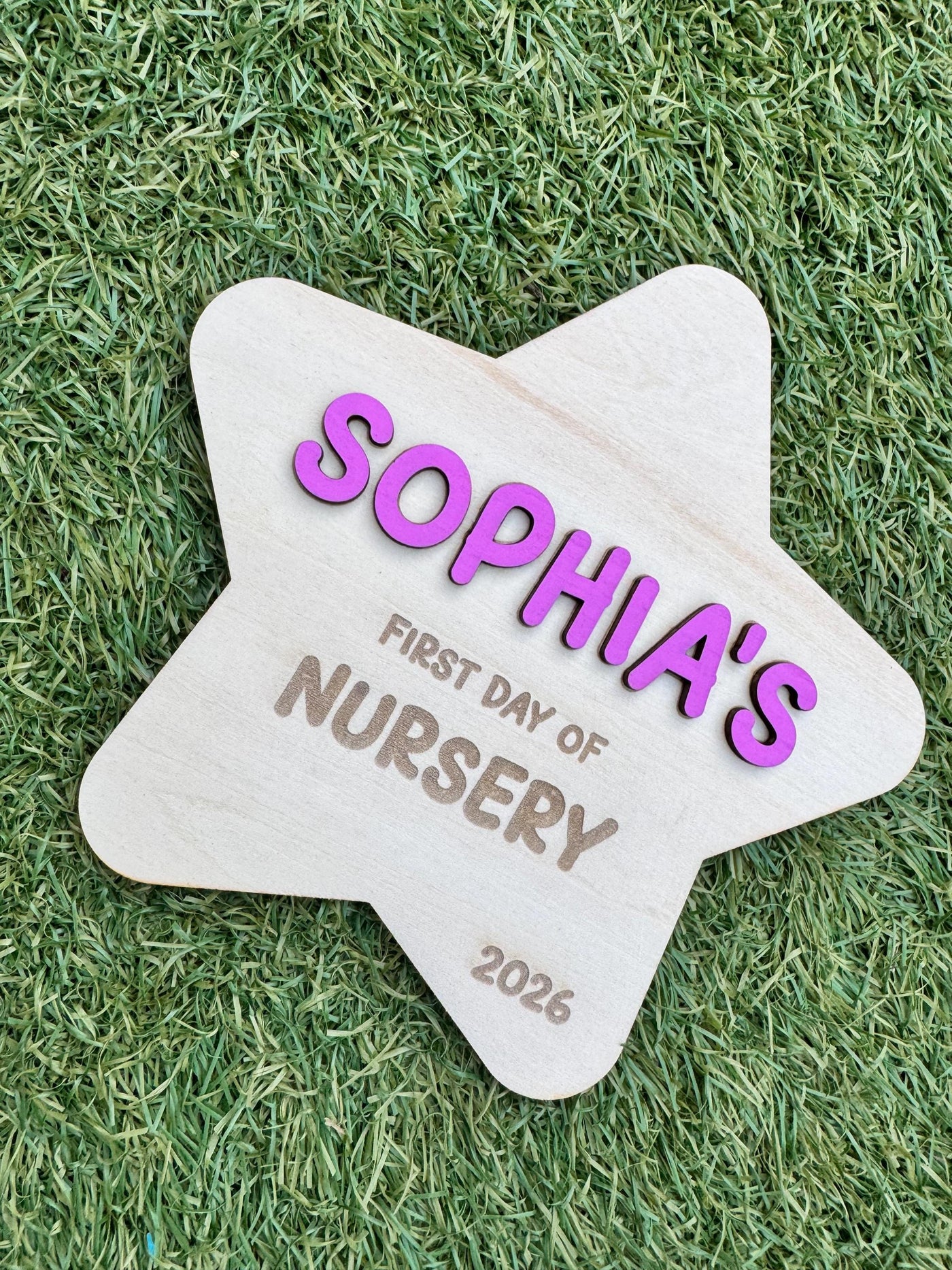 Personalised Pink or Blue Wooden Star First Day of Nursery Sign Photo Prop, Milestone Board