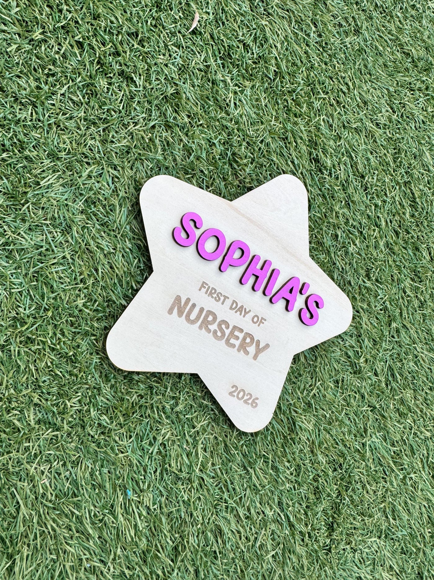 Personalised Pink or Blue Wooden Star First Day of Nursery Sign Photo Prop, Milestone Board