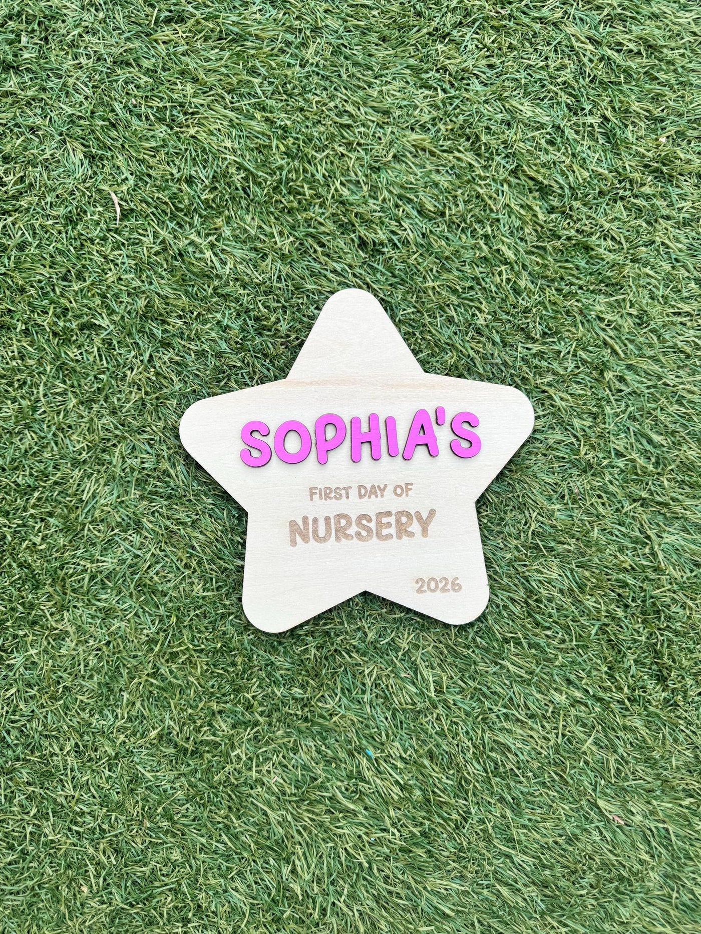 Personalised Pink or Blue Wooden Star First Day of Nursery Sign Photo Prop, Milestone Board