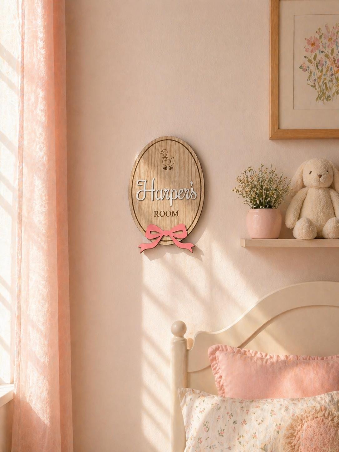 Personalised wooden name plaque for kids bedrooms or nursery rooms, featuring a lovely oak veneered finish with laser engraved details. Customised with your child’s name, with the name and bow laser cut from acrylic. Available in different colour options and ideal as a baby shower, birthday, or nursery gift.