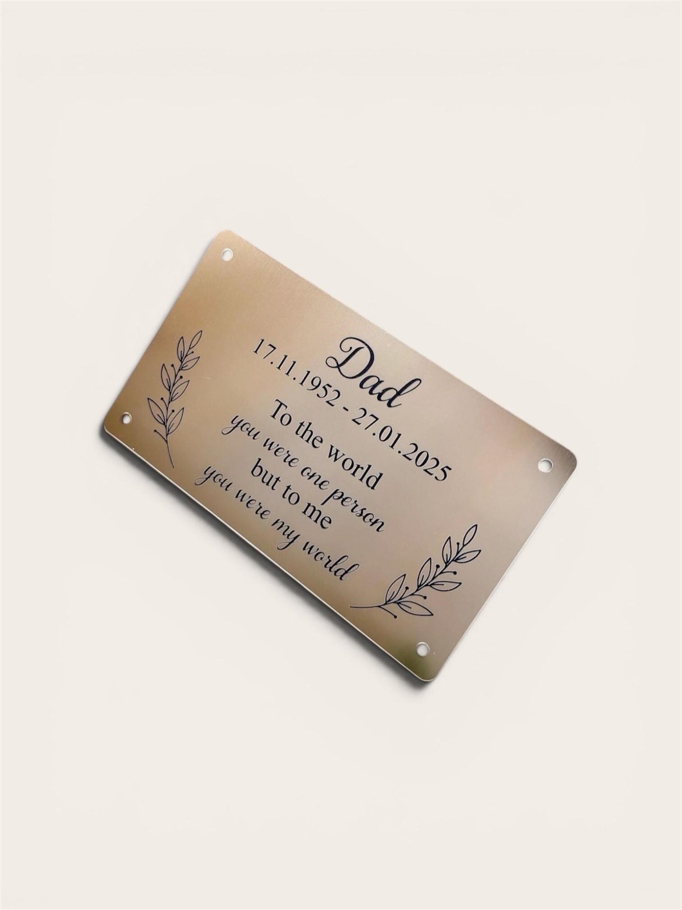 Memorial plaque for indoor or outdoor use, available in silver or gold finishes with multiple size options. Custom engraved with any name, dates, or personal message. Ideal as a bench memorial plaque, grave marker, garden tribute, or lasting remembrance gift.
