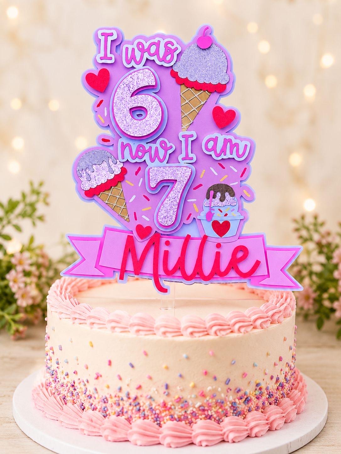 Personalised Ice Cream 7th Birthday Cake Topper – Meme Inspired Name Decoration