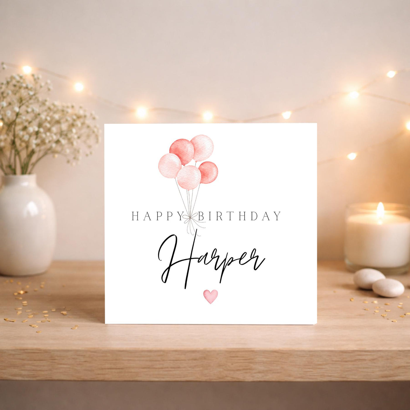 Personalised Birthday Card: Elegant Balloon Name Design, Kraft Envelope