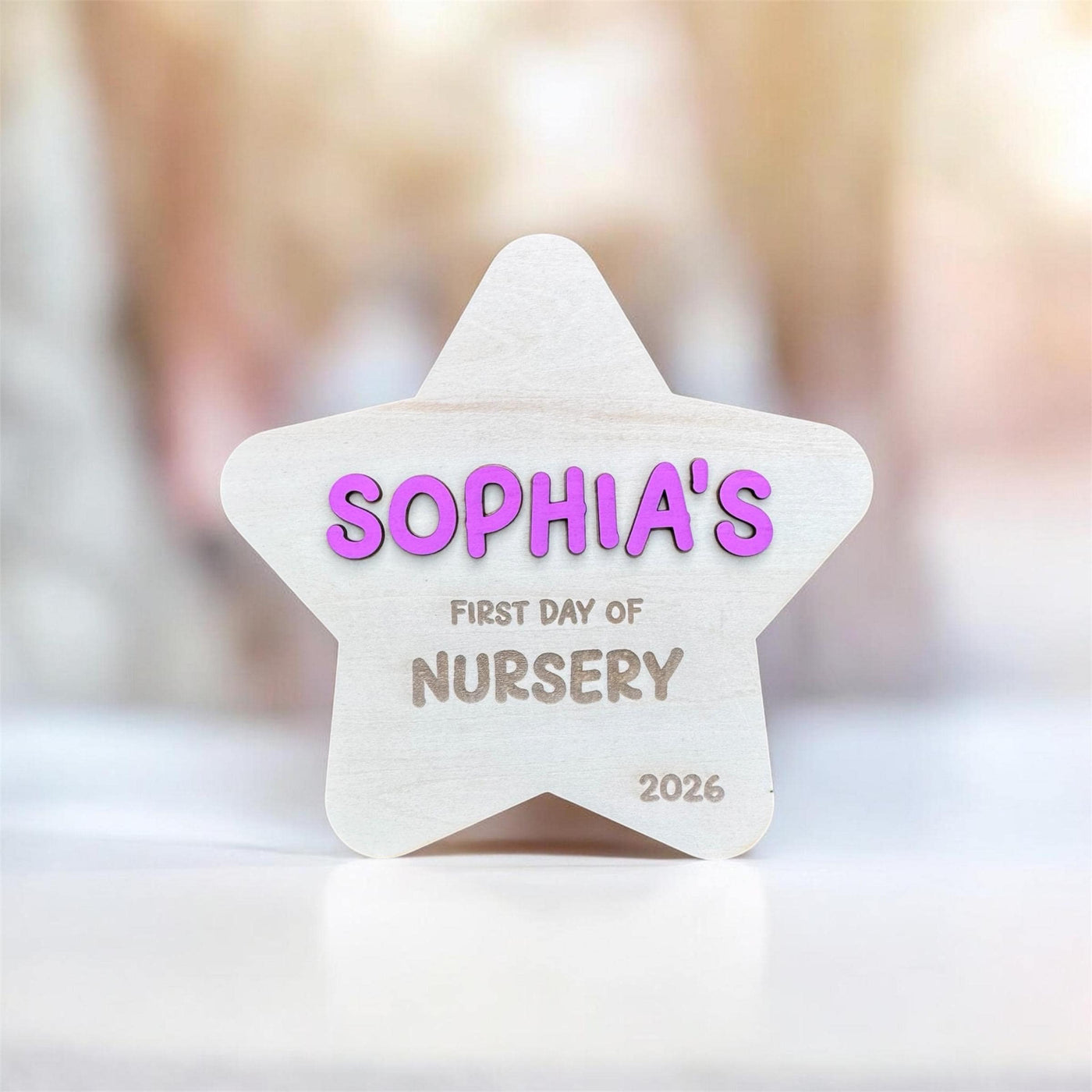 Personalised Pink or Blue Wooden Star First Day of Nursery Sign Photo Prop, Milestone Board