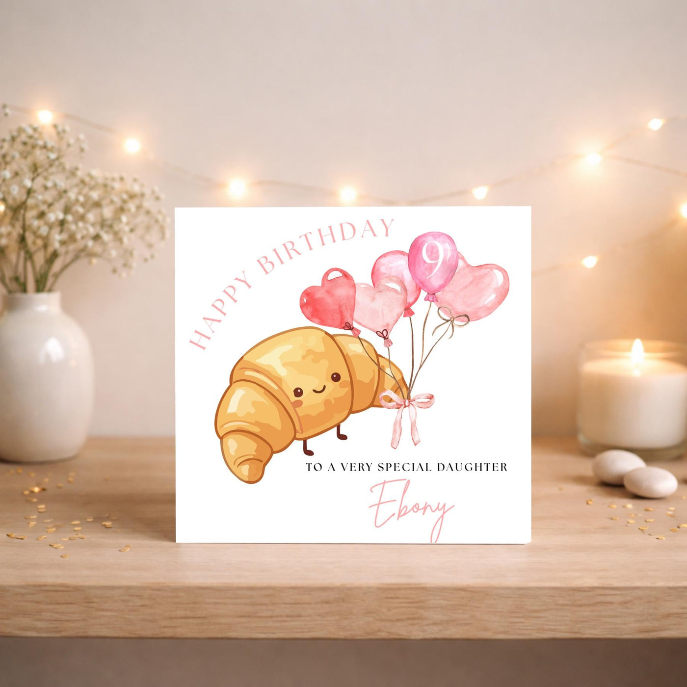 Personalised Birthday Card: Smiling Croissant with Balloons, Any Age/Relation