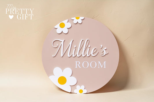 Personalised acrylic kids name plaque for bedrooms or nursery rooms, customised with your child’s name. Available in multiple colour options and ideal as wall decor for nurseries, playrooms, or kids bedrooms. Makes a thoughtful gift for birthdays, baby showers, or new baby presents. Daisy flower Inspired theme