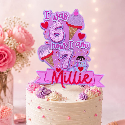 Personalised Ice Cream 7th Birthday Cake Topper – Meme Inspired Name Decoration