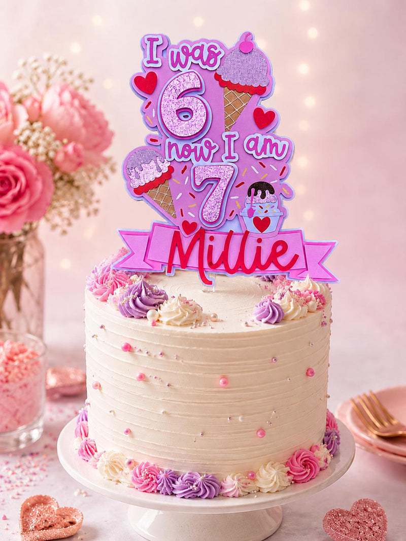 Personalised Ice Cream 7th Birthday Cake Topper – Meme Inspired Name Decoration