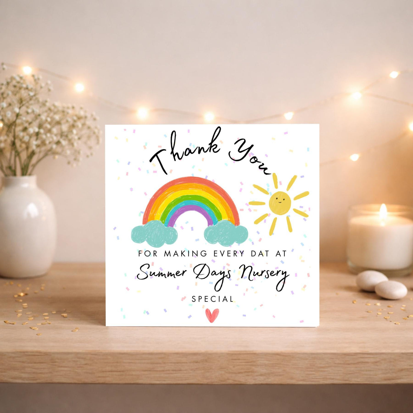 Rainbow Sun Nursery Teacher Thank You Card, Appreciation Greeting (6x6 inches)